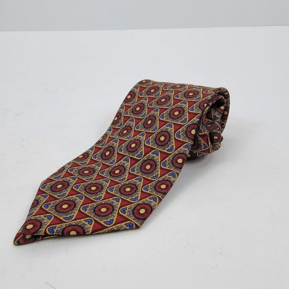 Valentino Geometric Printed Silk Tie Red Hand Made Length 55"